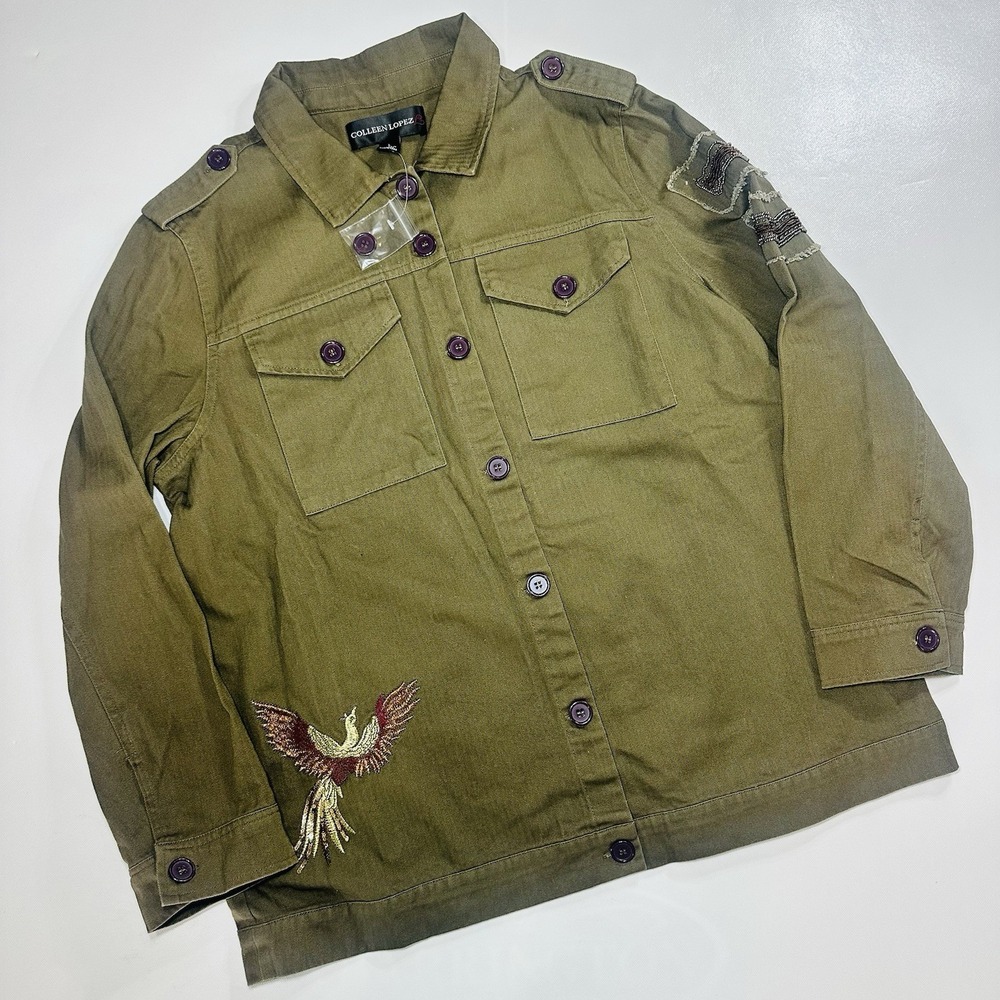 Colleen Lopez Embroidered Utility Jacket Olive Green Bird Floral Military Large